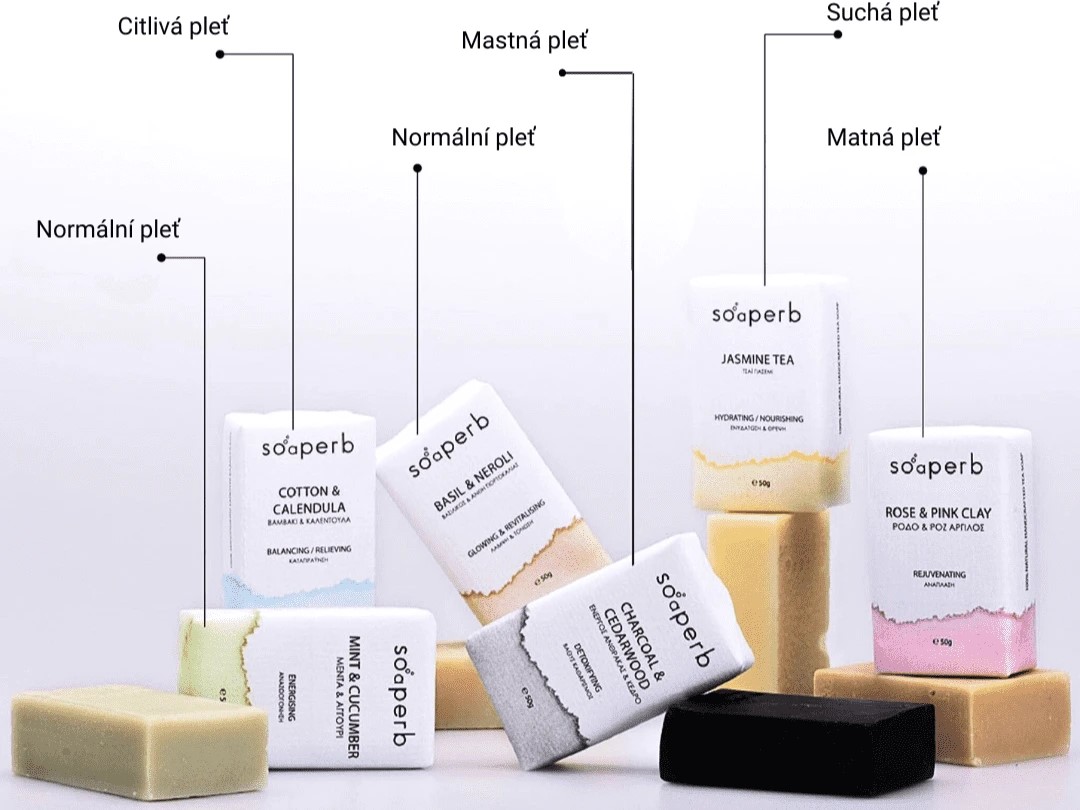 A curated lineup of Soaperb natural soaps for different skin types, including Cotton & Calendula, Basil & Neroli, Jasmine Tea, Rose & Pink Clay, Mint & Cucumber, and Charcoal & Gold, with labels indicating ideal use for sensitive, oily, dry, normal, and dull skin.